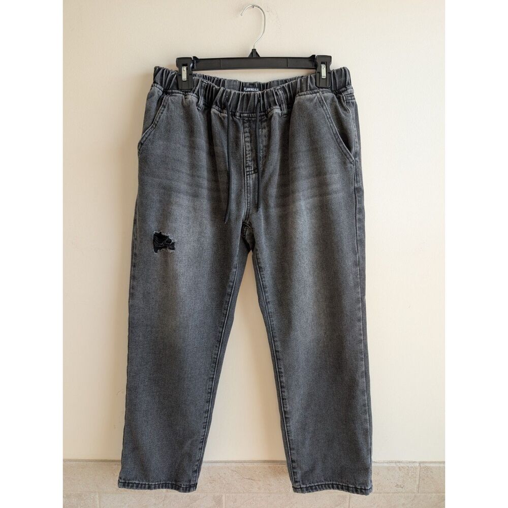 Flamingals L Black Acid Wash Baggy Jeans Drawstring Elastic Waist Distressed